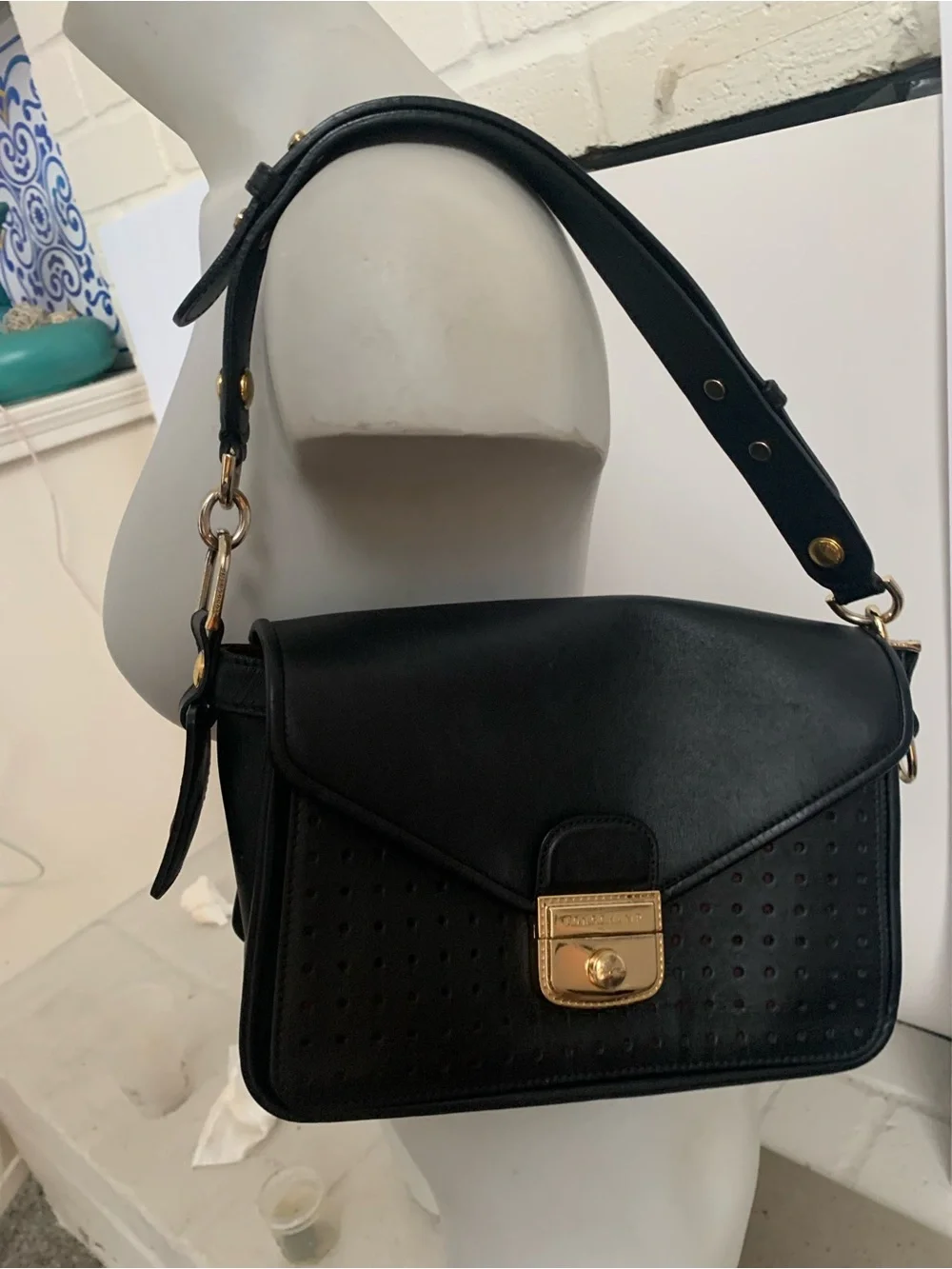 Black Longchamp  Leather Shoulder Bag with Gold Hardware